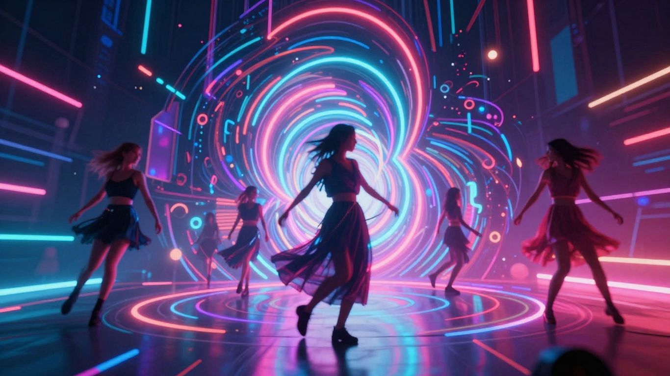 Futuristic AI music video with digital art and neon lights.