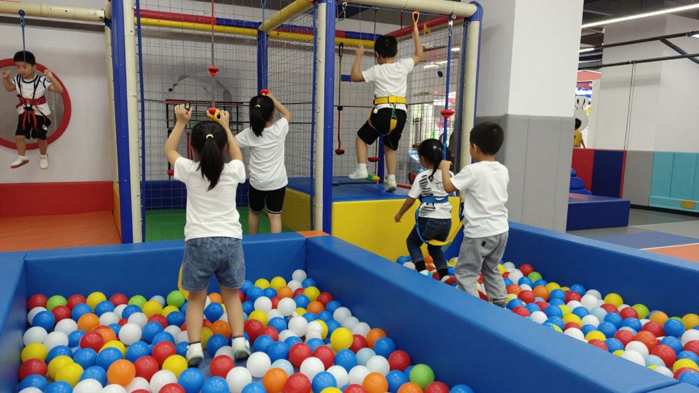Kinderen spelen in een kleurrijk indoor avonturenpark.