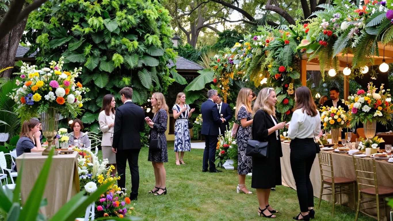 Glamorous garden party with flowers and elegant decor.