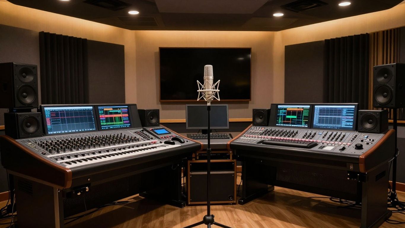 Modern music studio with audio equipment and microphone.
