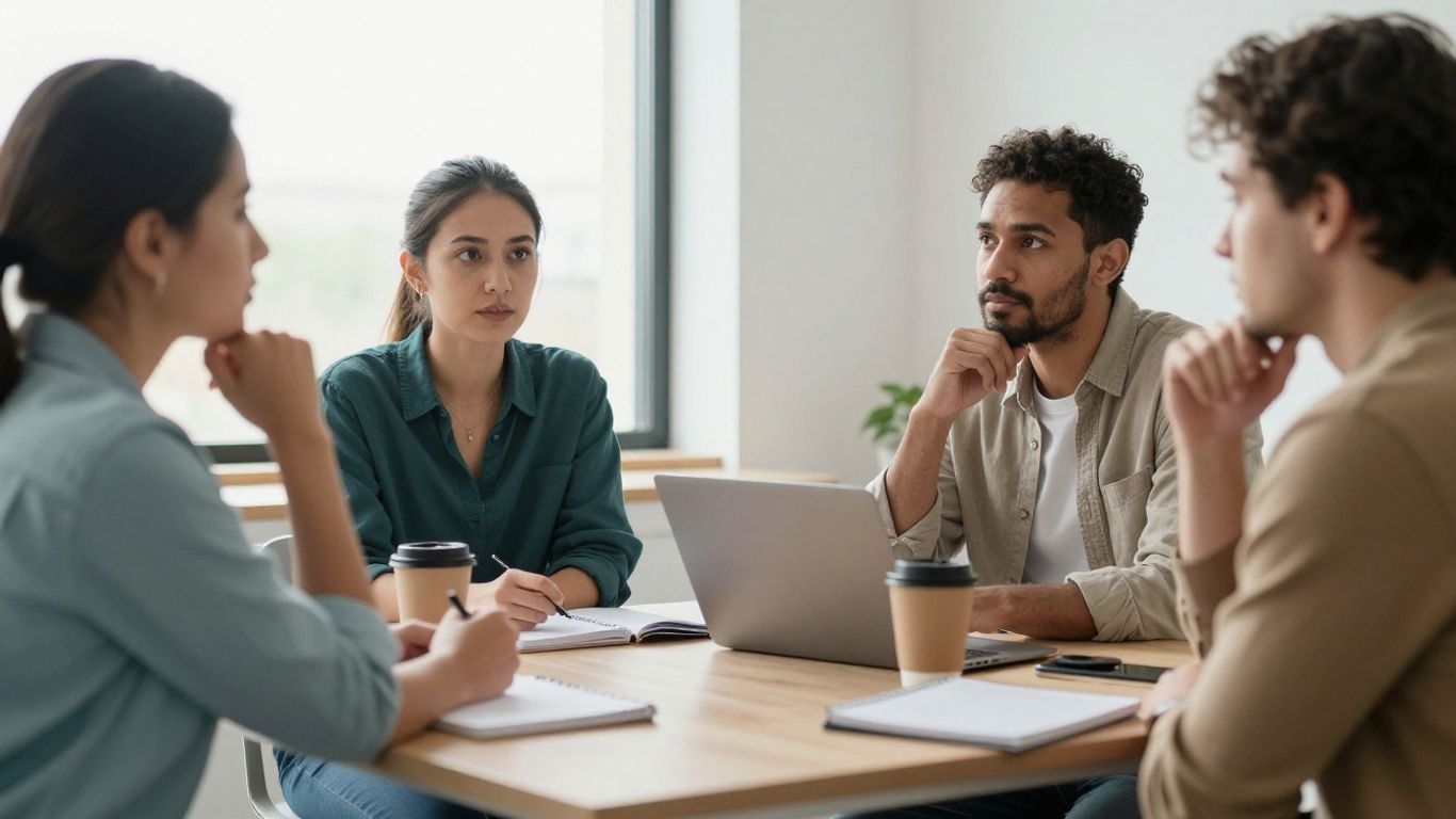 Professionals discussing career choices around table