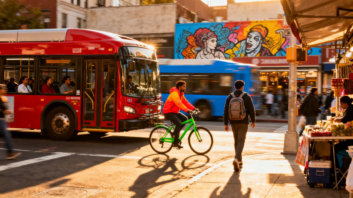 People using diverse local transportation in a city.