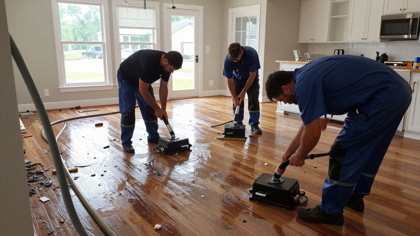 Technicians cleaning water-damaged home with industrial equipment