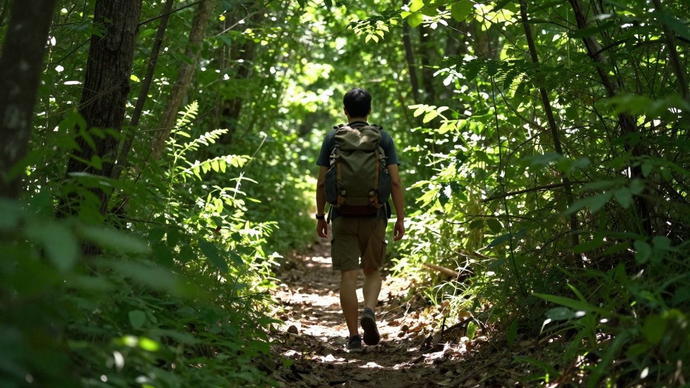 Person on a long path in a forest.