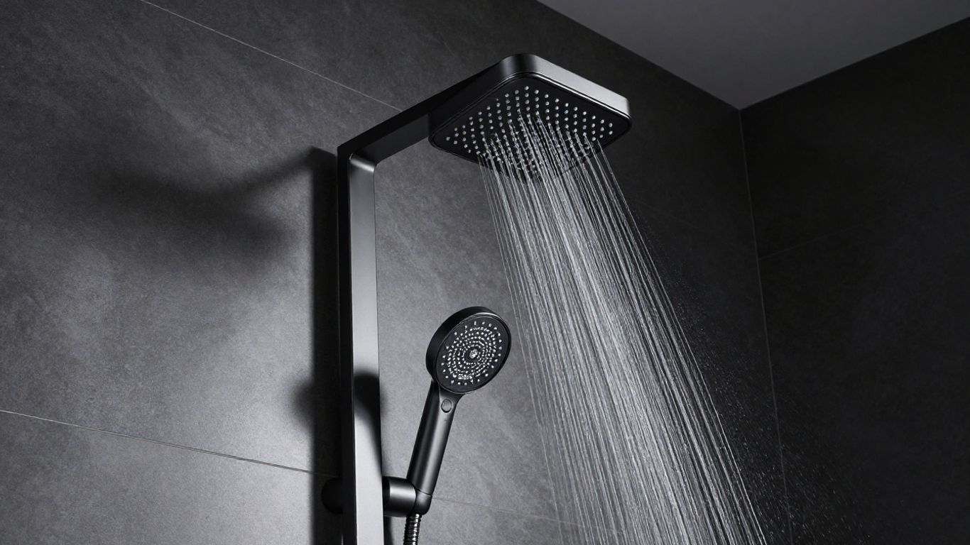 Modern black digital shower system in a luxury bathroom.