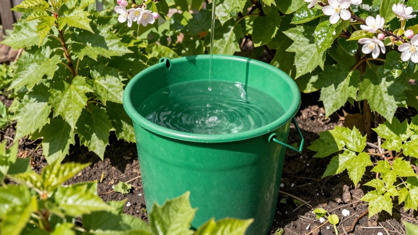 Regentonne im Garten mit frischem Wasser und Pflanzen
