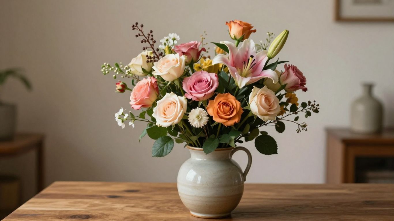 Colorful seasonal bouquet in a ceramic vase