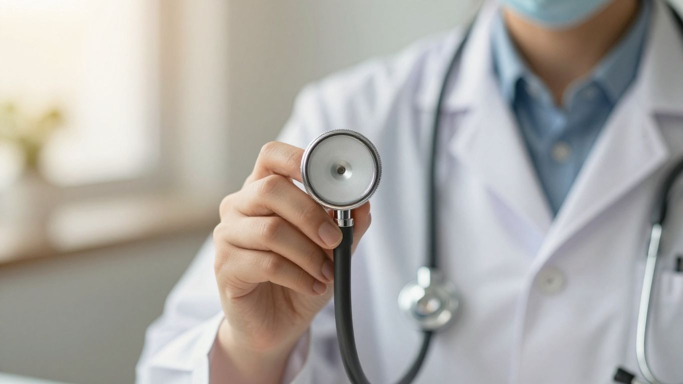 Medical professional with stethoscope in a healthcare setting.