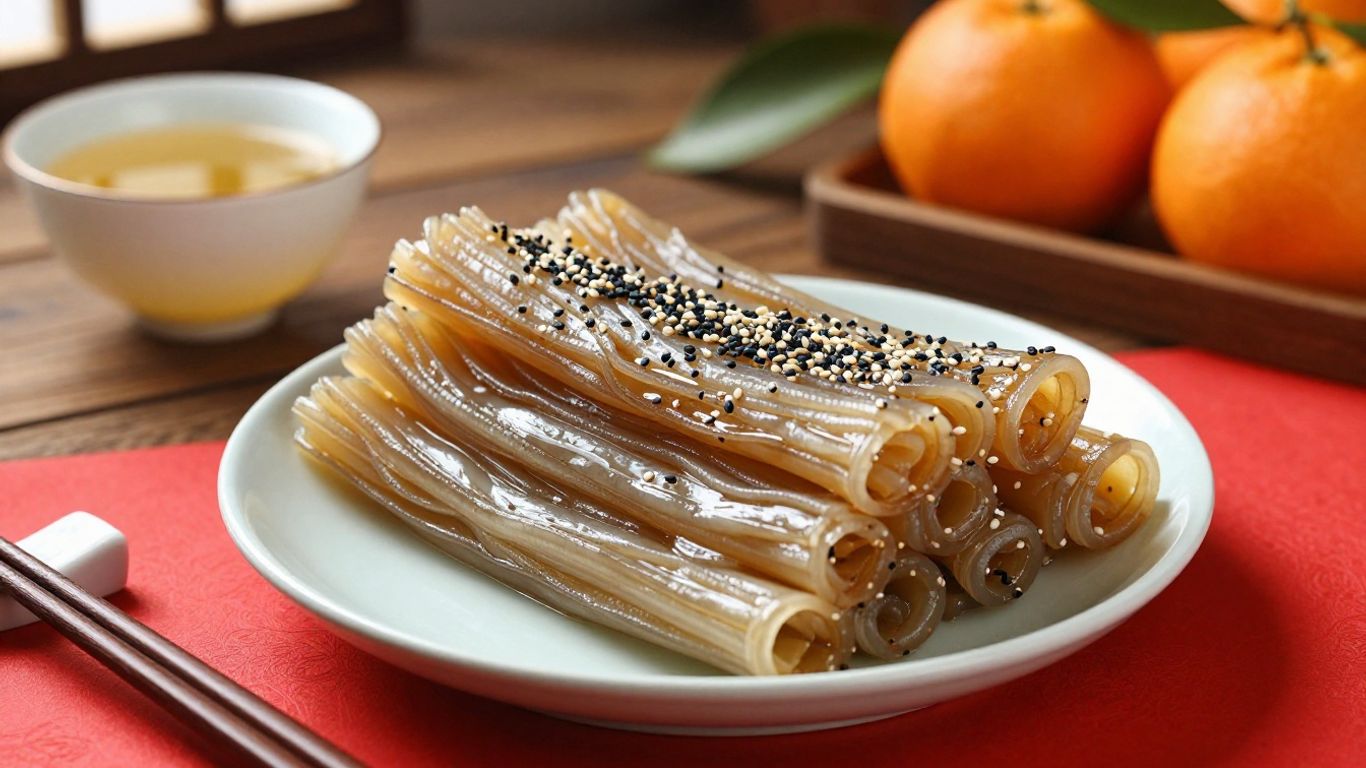 Long noodles and sliced niangao on a table