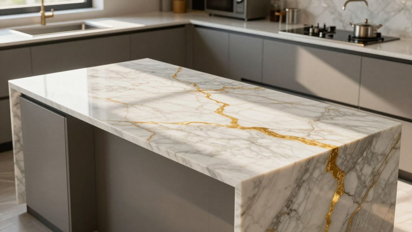Calacatta Gold marble kitchen island with gold veining.