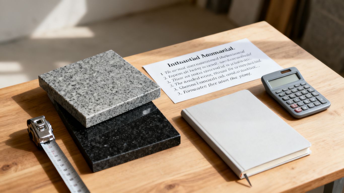 Itemized headstone quote beside granite samples