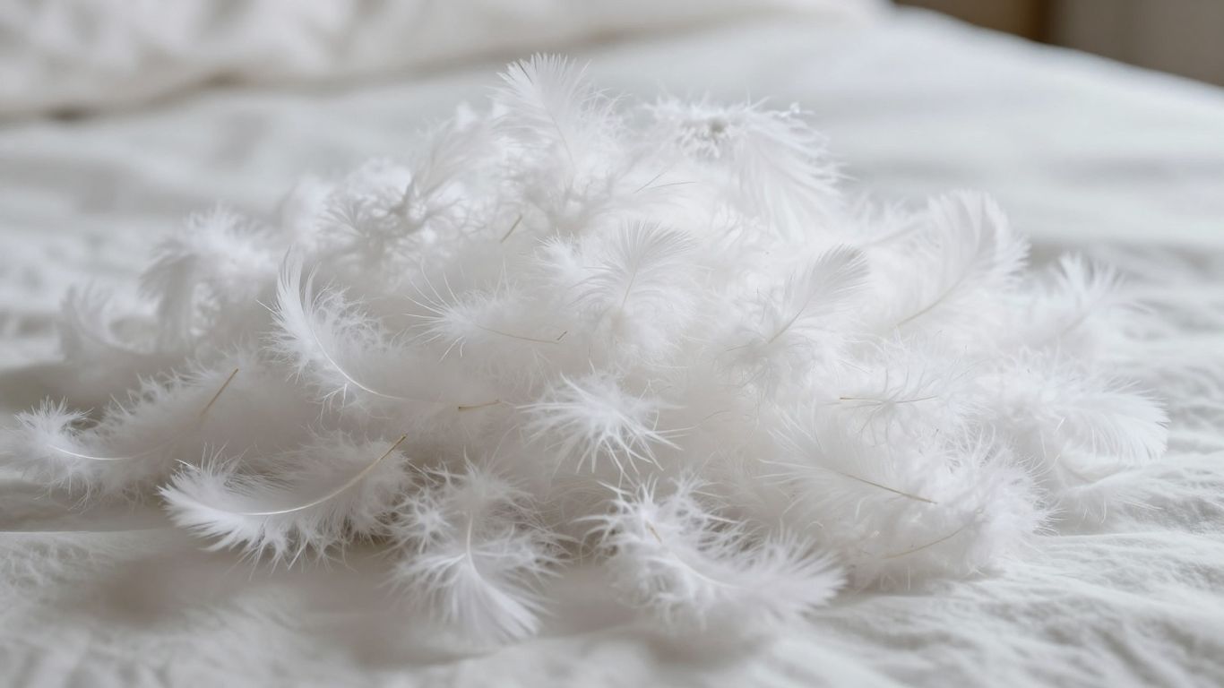 Fluffy down feathers from a comforter.
