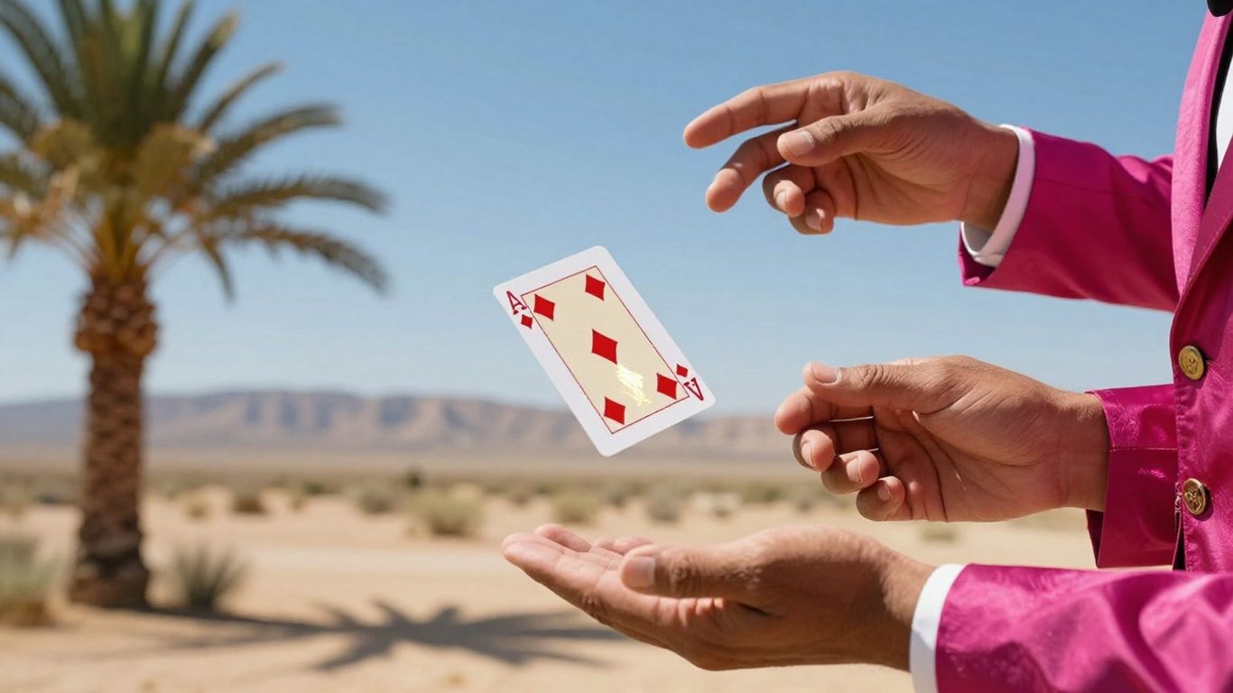 Magician performing outdoors under a sunny desert sky.