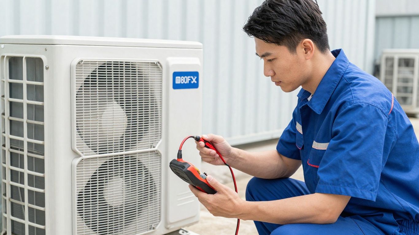 HVAC technician diagnosing an air conditioning unit.