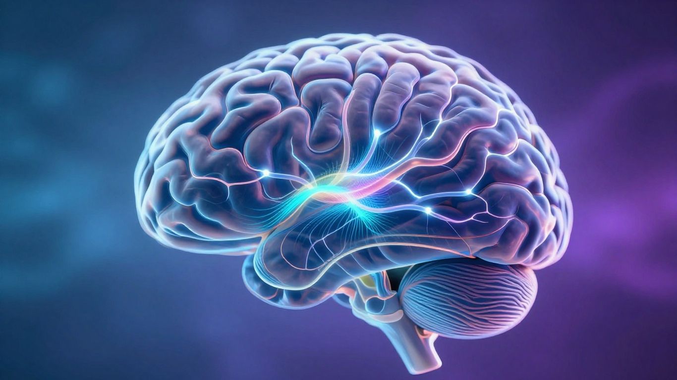 Abstract brain with glowing neural pathways and color waves.