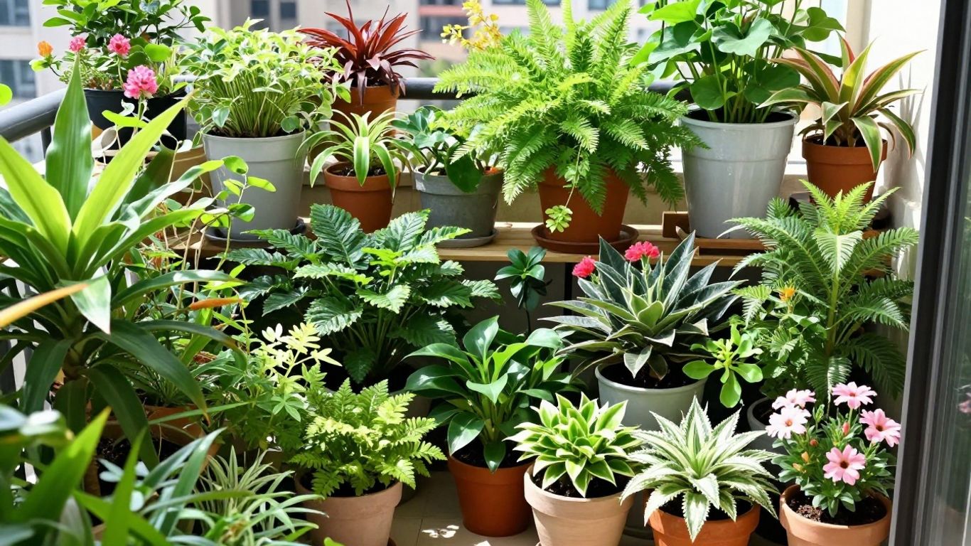 Grüner Balkon mit vielen Pflanzen und Blumen