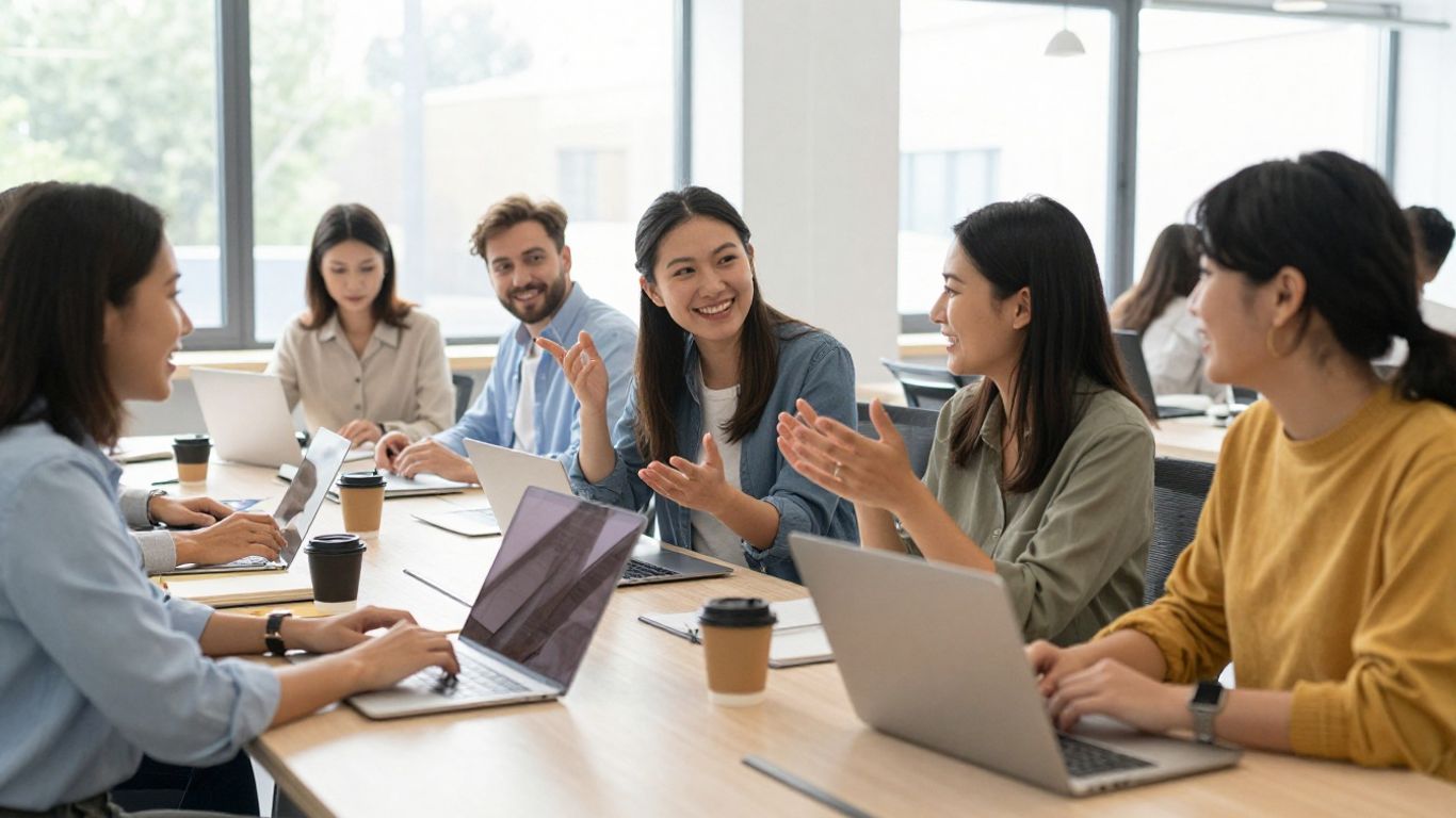 People communicating positively in an office.