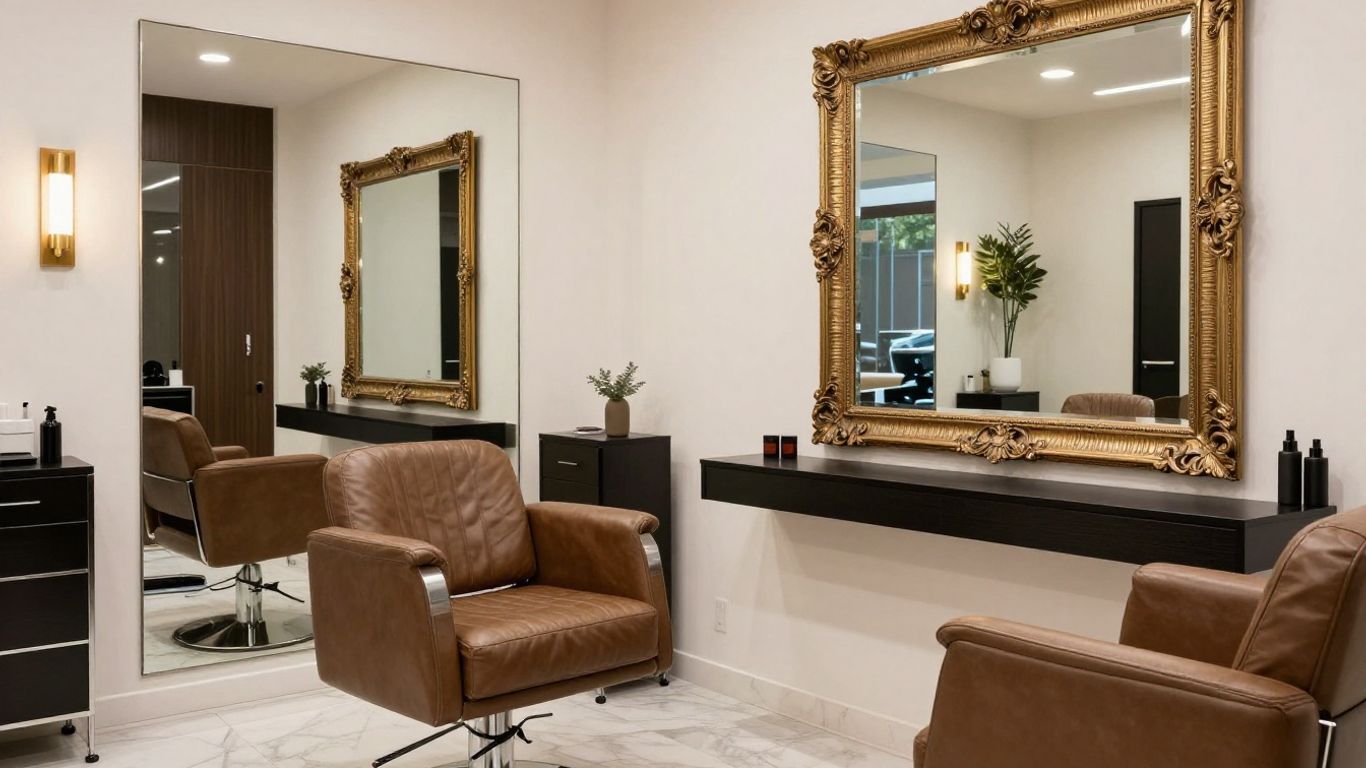 Modern salon interior with stylish stations and elegant decor.