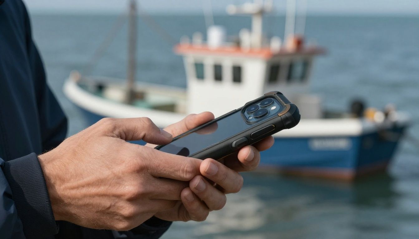 A person's hands holding a smartphone in a rugged, waterproof case, with a blurred background of a fishing boat and water.