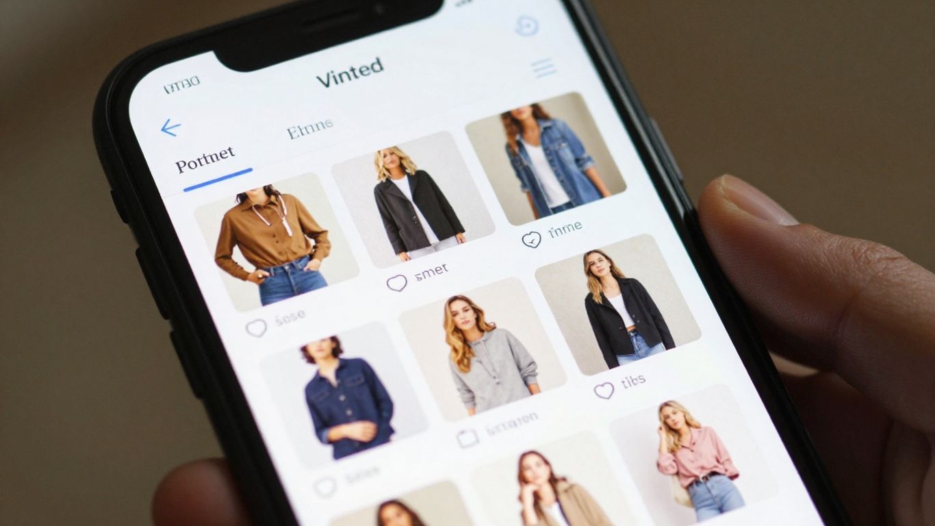 Vinted app feed showing clothing items on a phone.