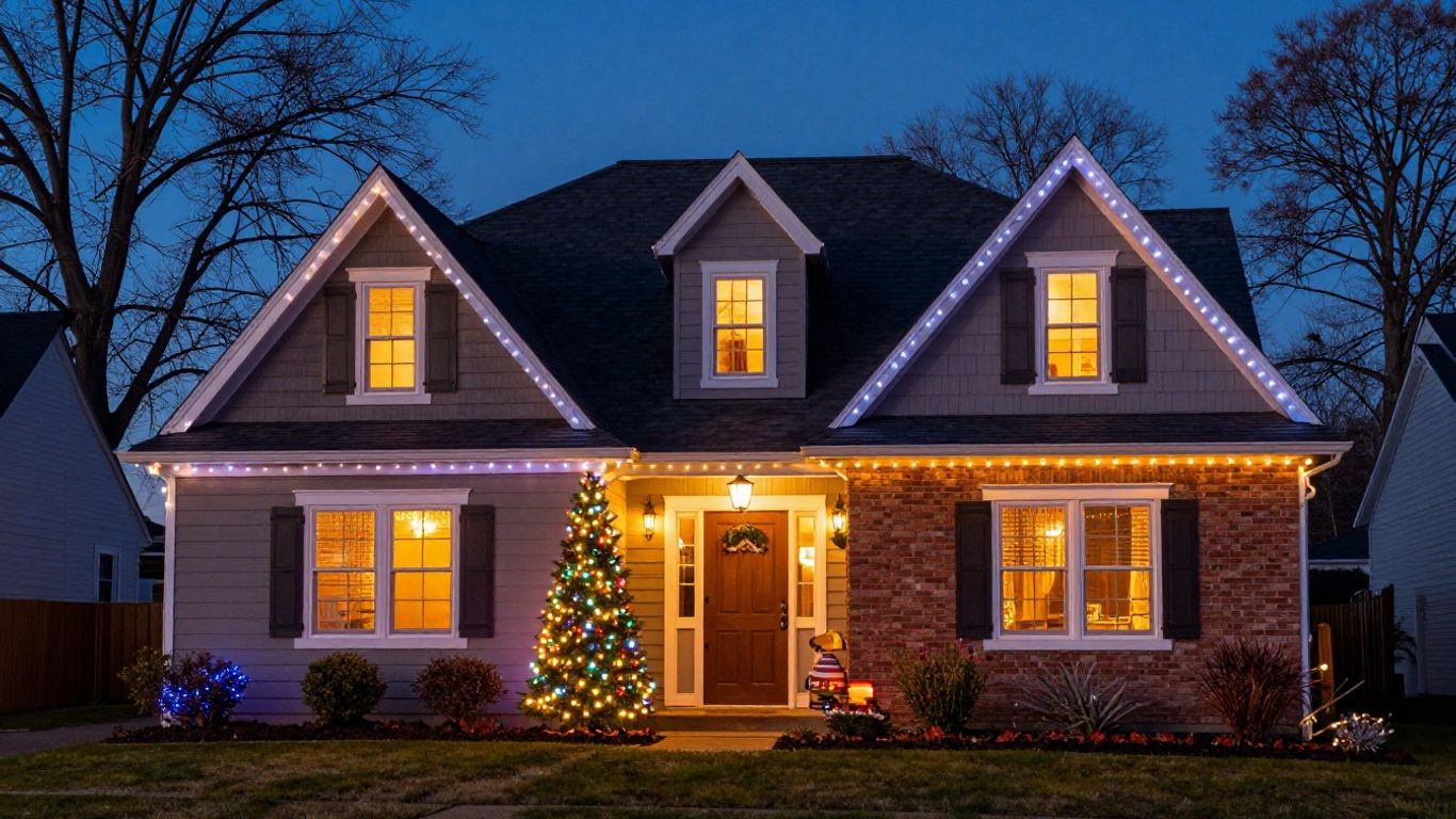 House with permanent Christmas lights in Swansea.