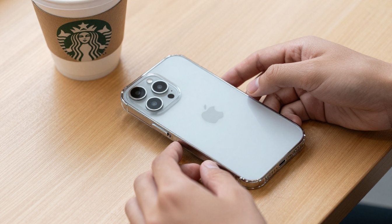 A person carefully putting a new, clear case onto their iPhone 15 Pro, with a coffee cup on the desk beside them.