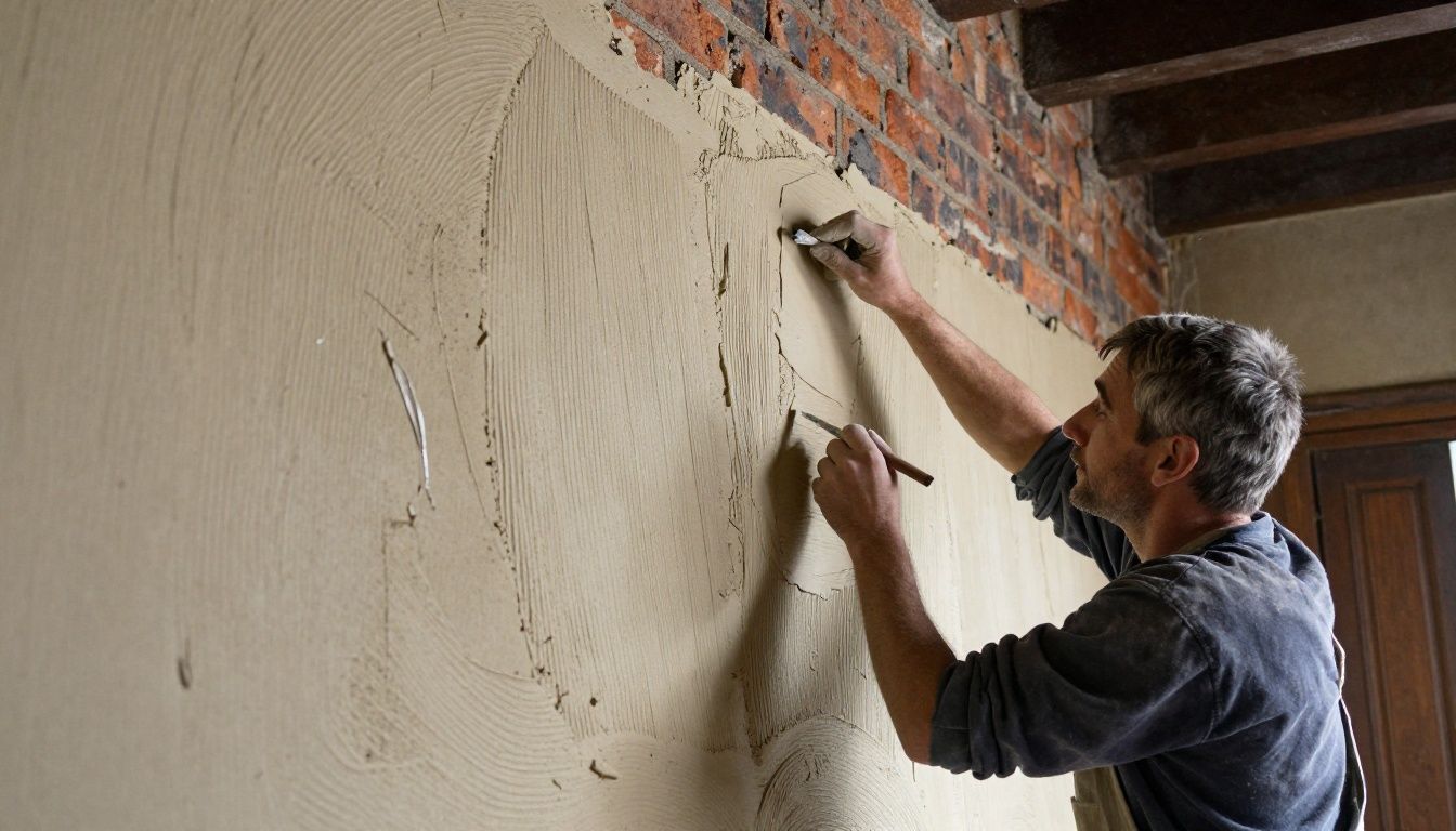 A heritage plasterer applying traditional lime plaster to an internal brick wall of a Victorian house.