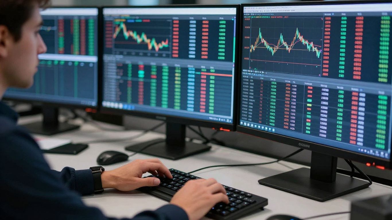Trader focused on multiple glowing market data screens.