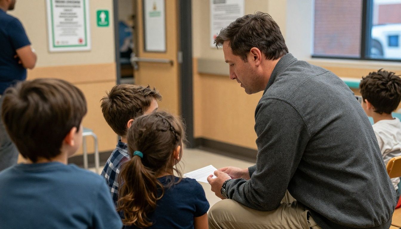 Parent and school-age child arriving at a welcoming neighborhood pediatric clinic in Chicago, photorealistic, warm natural lighting, no text or logos, realistic family moment, no artificial or AI aesthetic