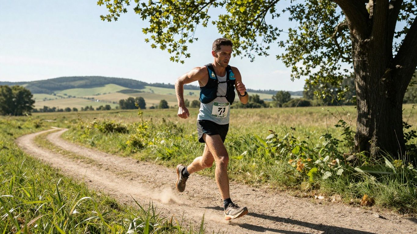 Runner on a scenic trail during a 50-mile race.