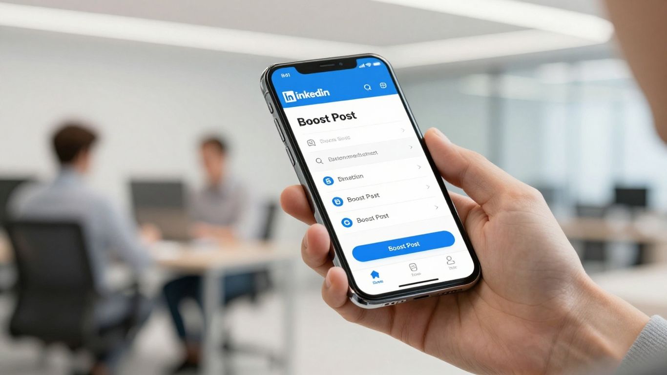LinkedIn post boost button on a smartphone screen.