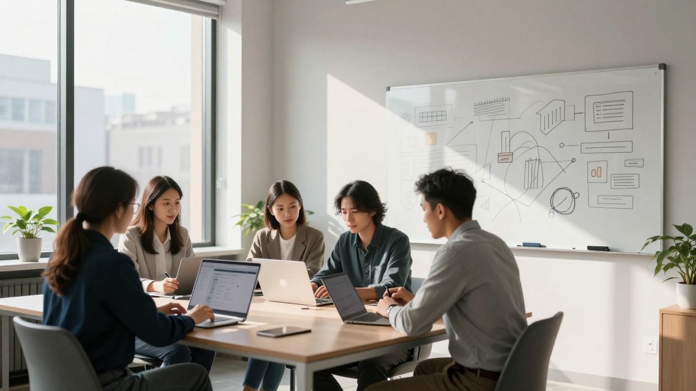 Digital marketing team collaborating in a modern office.