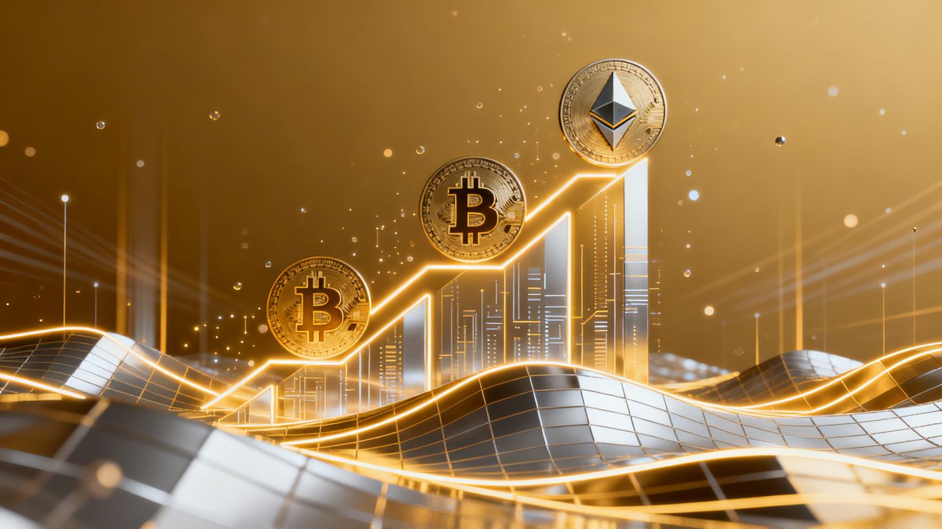 Bitcoin and Ethereum logos rising in a digital financial landscape.