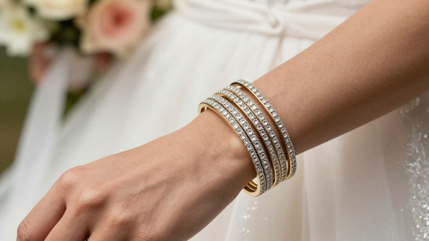 Bride wearing layered diamond bangles