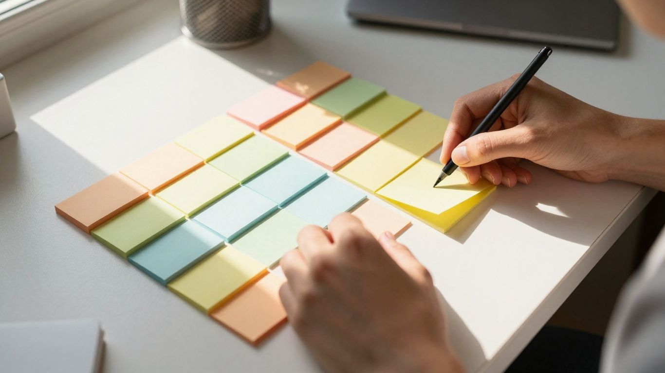 Hands organizing time blocks on a desk.