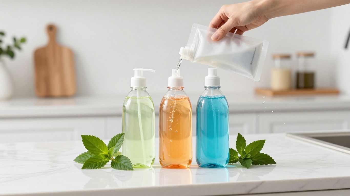 Refill cleaning products in reusable bottles on a kitchen counter.