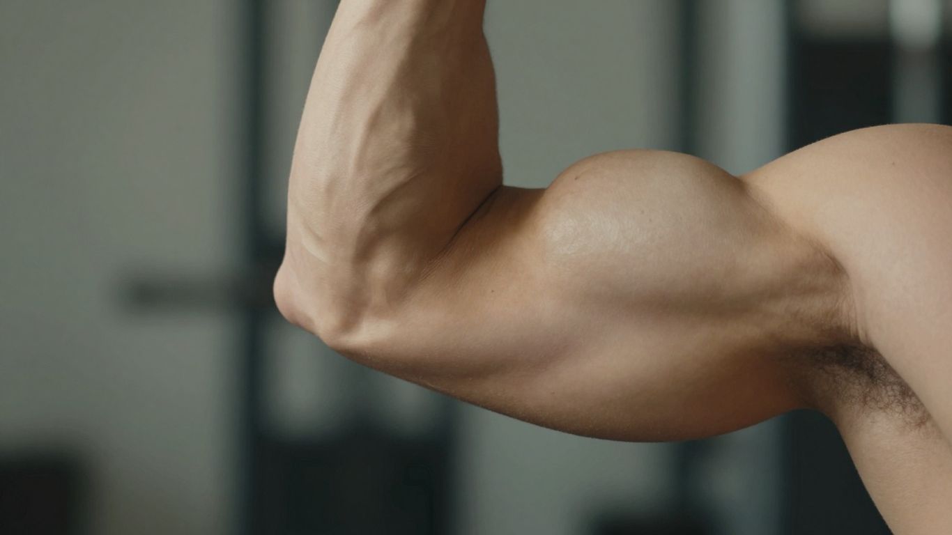 Muscular arm flexing, highlighting muscle definition.