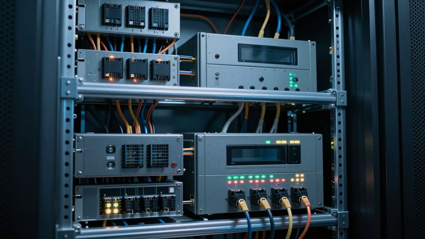 Edge data center power distribution unit with glowing lights.