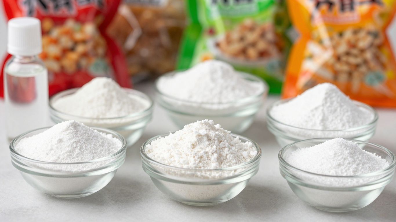 Food additives and emulsifiers in bowls and bottles.