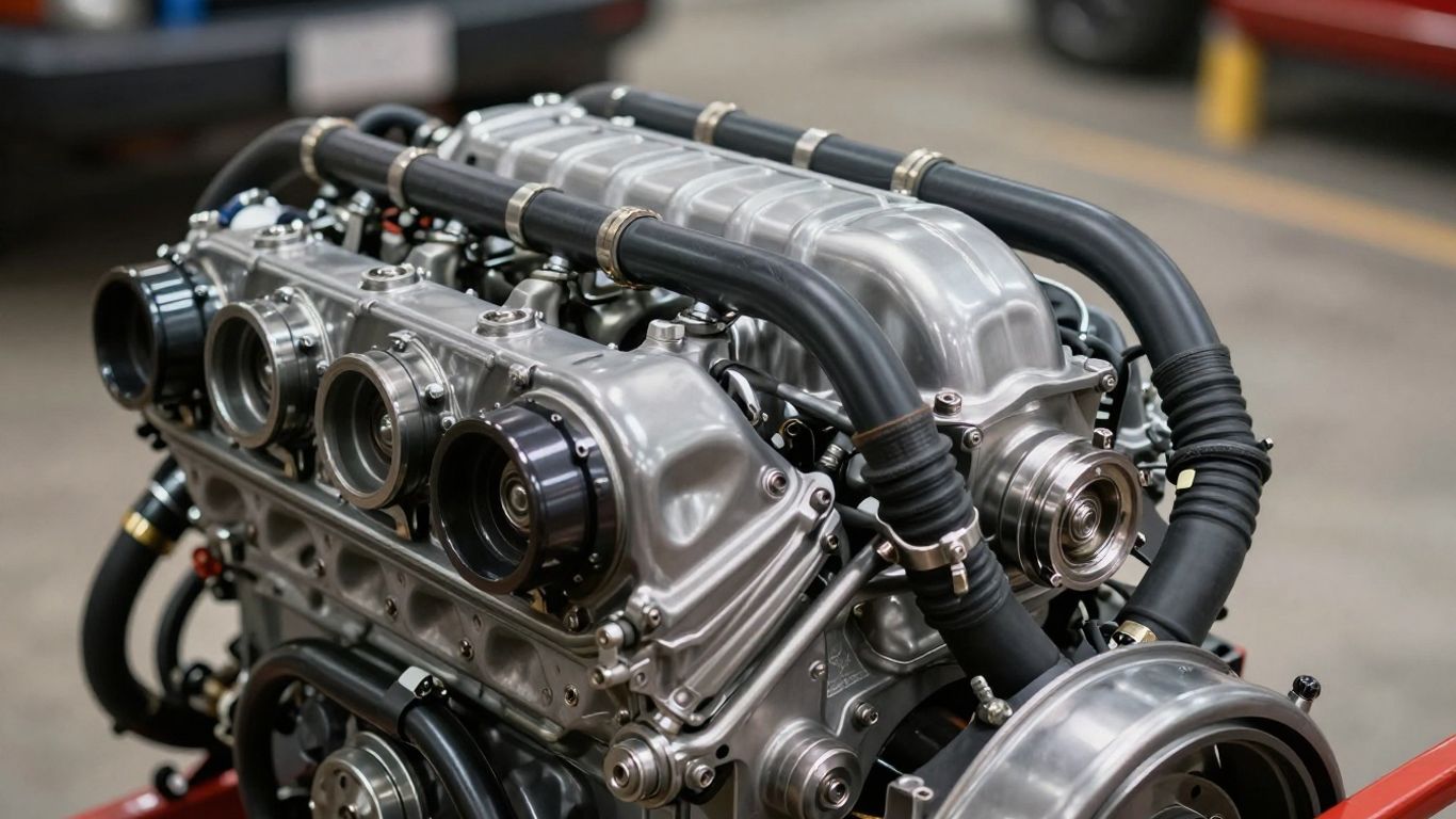 Jeep engine close-up with intricate metal parts and hoses.