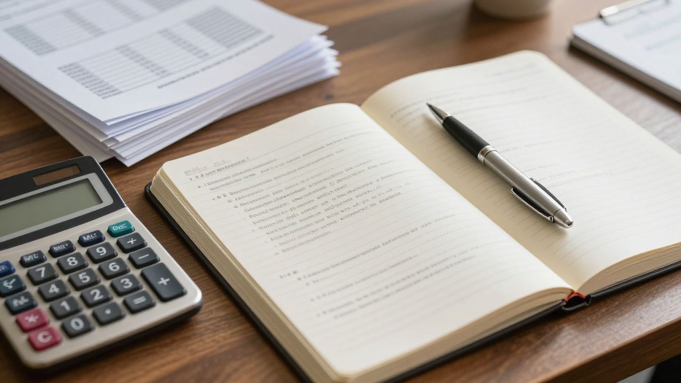Steuerberater Schreibtisch mit Dokumenten und Taschenrechner