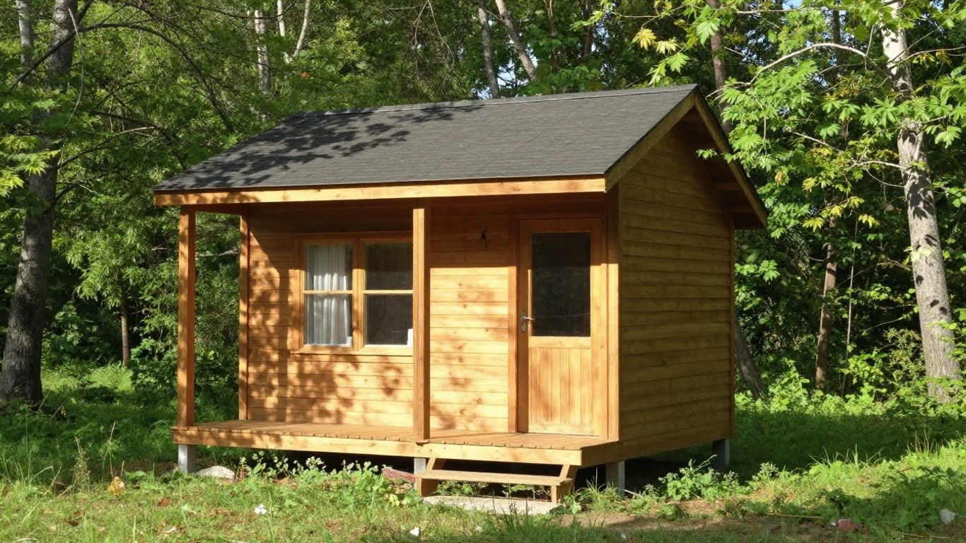 Tiny home in a green, wooded setting.