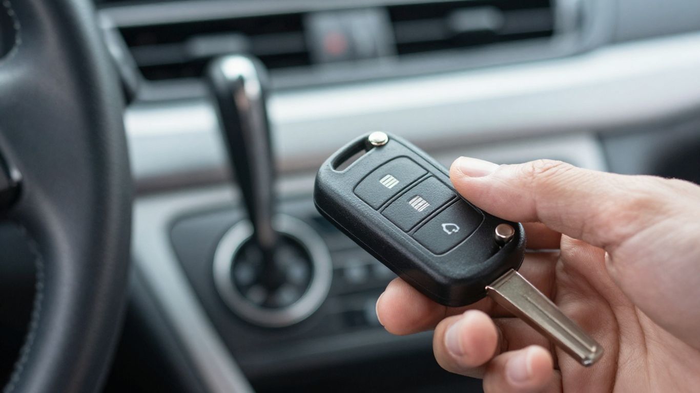 Car key near ignition, transponder chip visible.