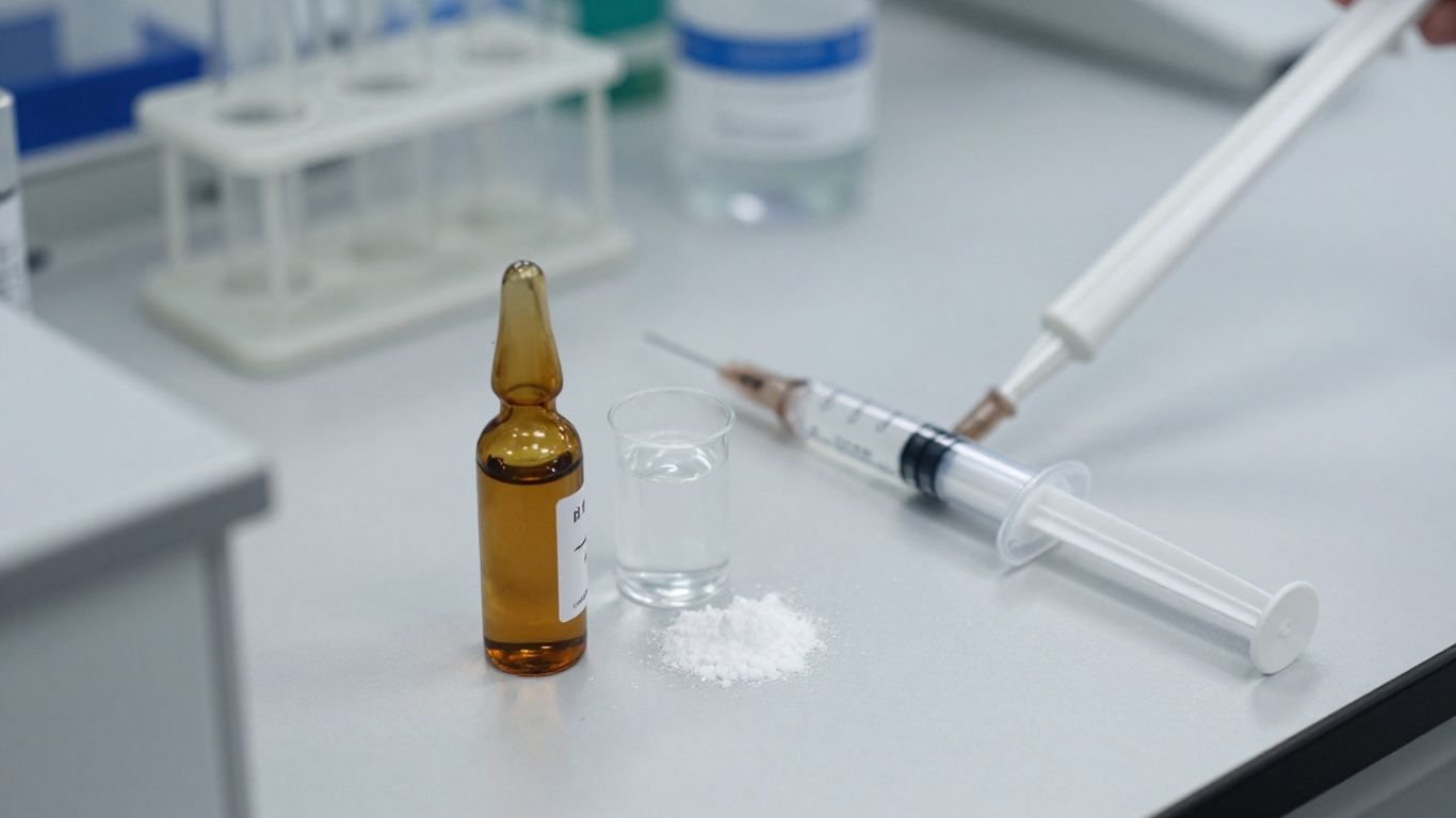 Peptide reconstitution process with vial and syringe.
