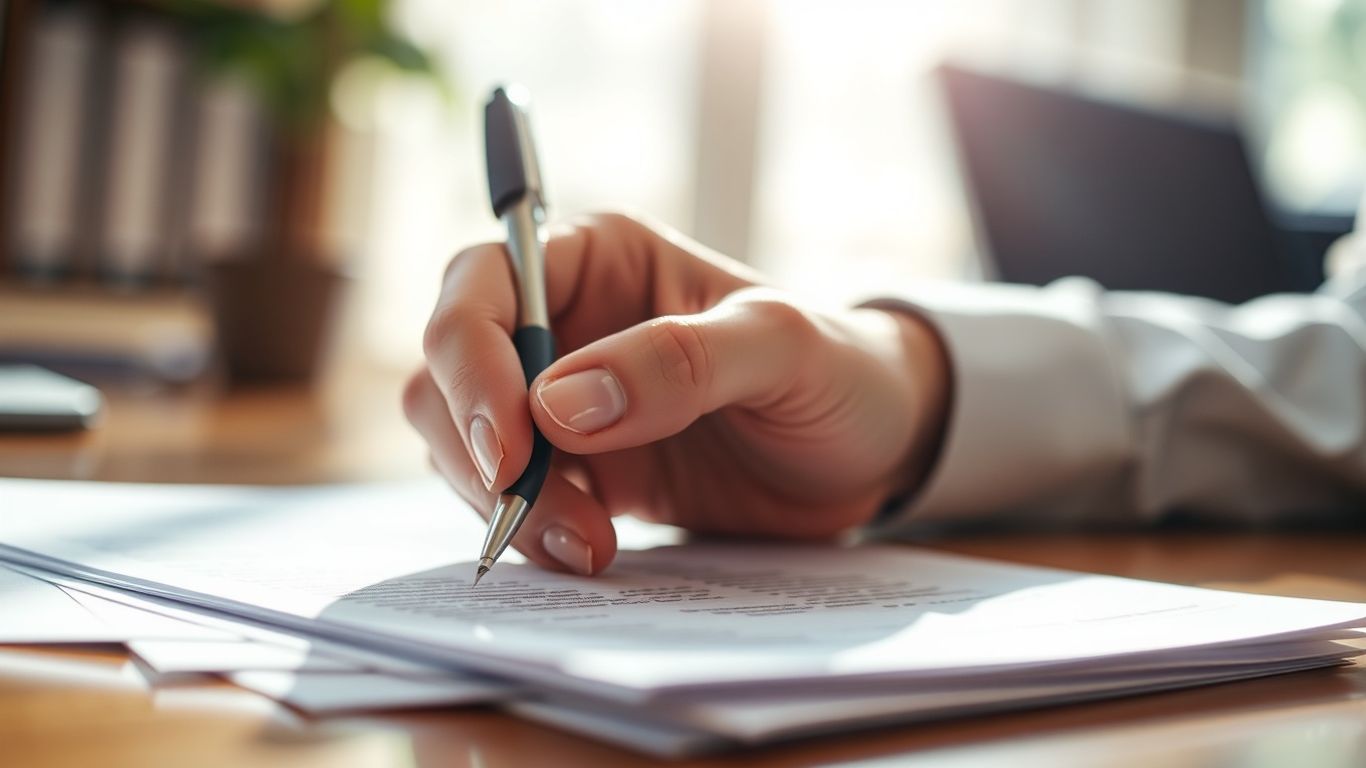 Hand with pen over student loan forgiveness application documents.