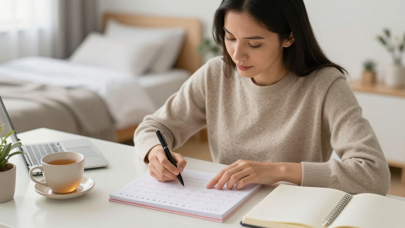 Woman tracking menstrual health symptoms at home