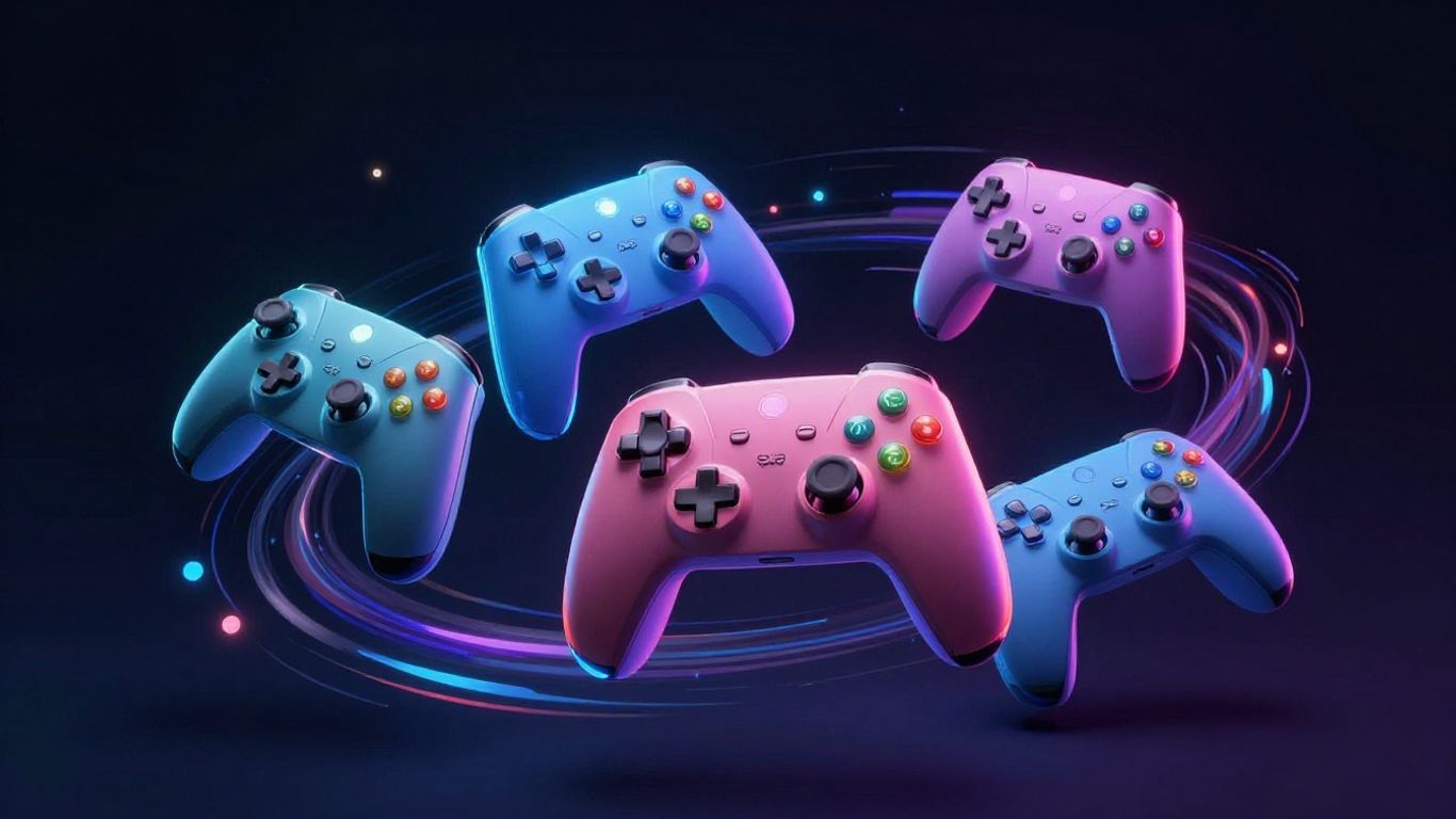 Illustrative game controllers with digital patterns.