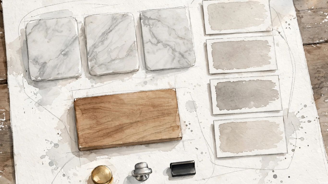 Carrara stone samples beside finish swatches