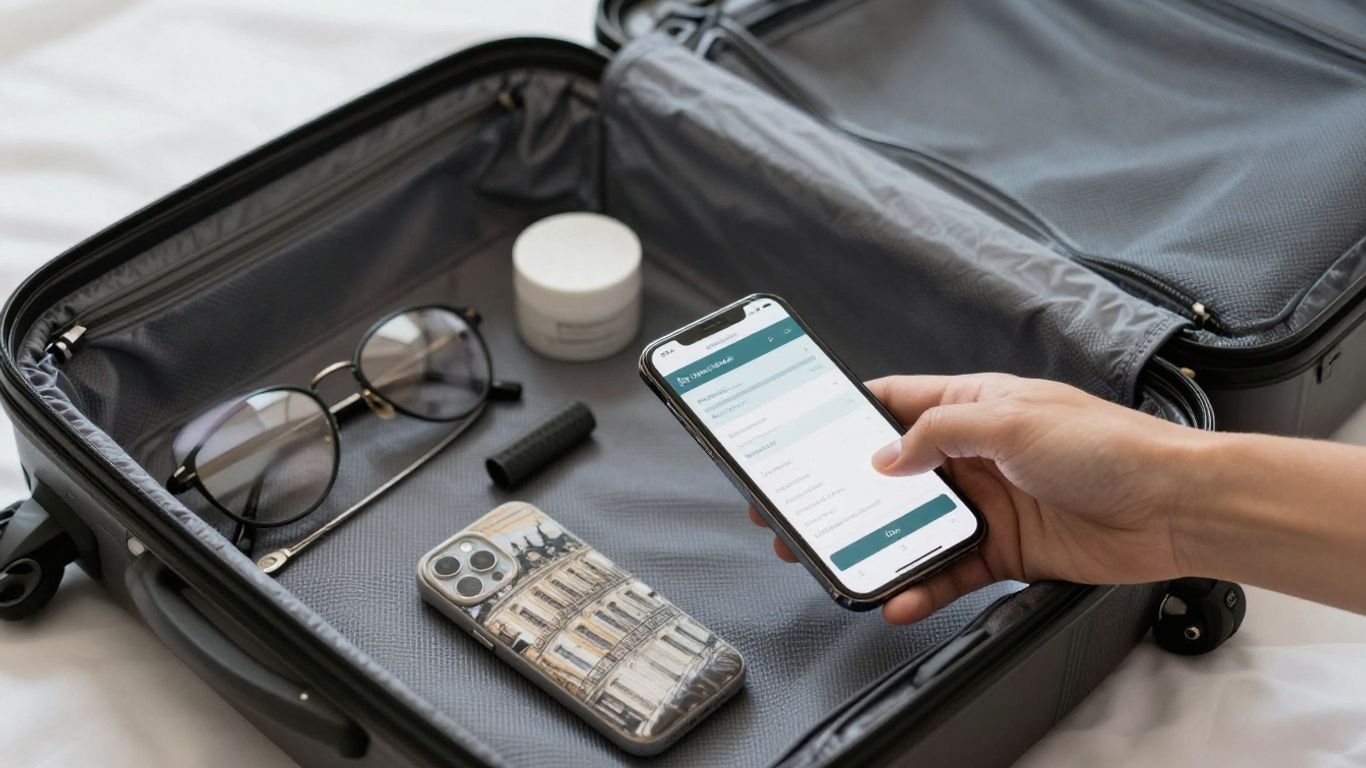 Valise et réservation d’hôtel sur tablette