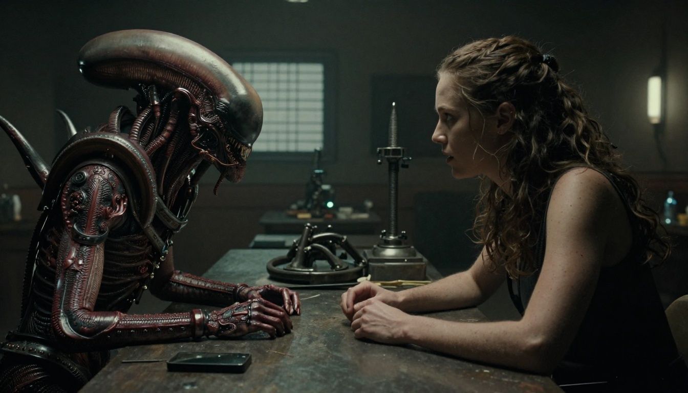 Uma cena em primeira pessoa onde Amanda Ripley está escondida debaixo de uma mesa de ferro industrial, olhando assustada através de uma fresta escura para as pernas longas e cauda com espinhos do Xenomorfo que caminha lentamente pela sala iluminada por luzes de emergência vermelhas